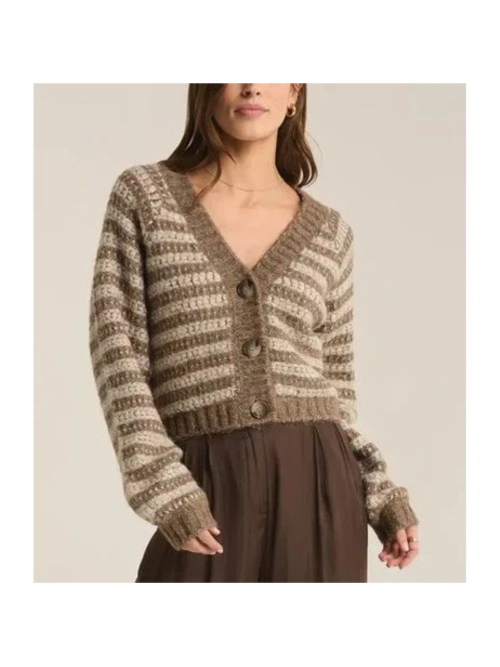 Z Supply Este Metallic Striped Tan  and Cream Chunky V-Neck Cardigan